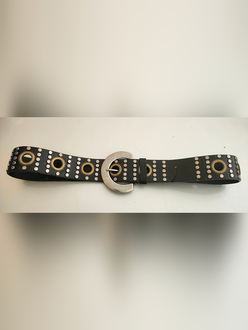 Studded Black Leather Belt with Metallic Buckle